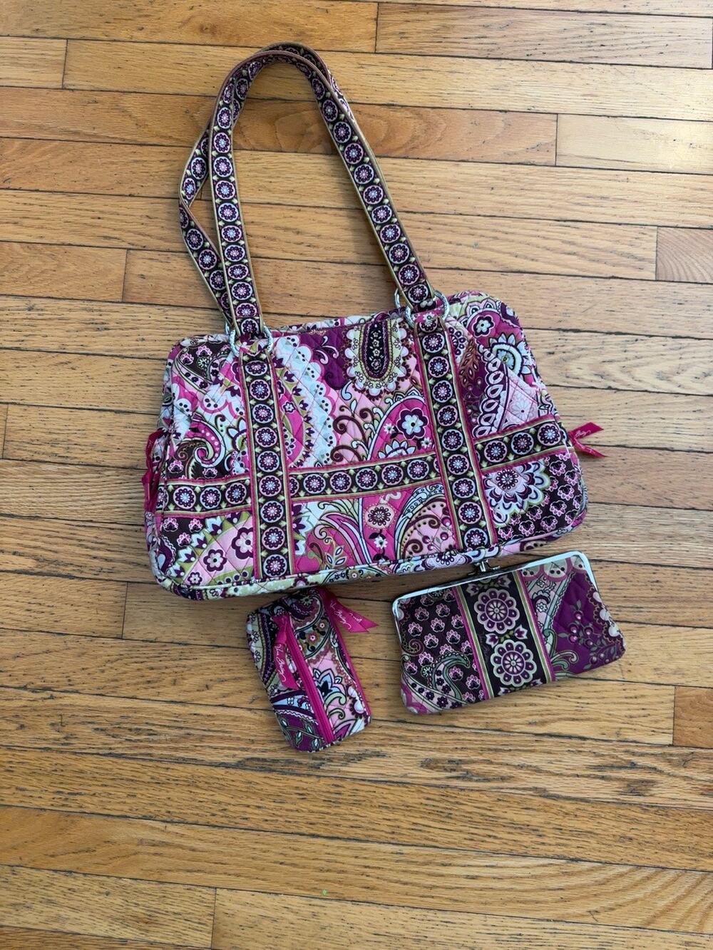 Vera Bradley Pink Paisley Shoulder Bag Purse Wallet Key Case 3 Pc Set Cotton